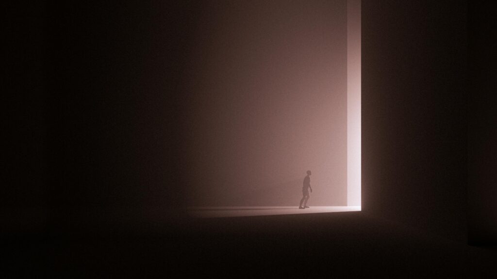 A silhouette walks through a bright doorway, creating a surreal and mysterious atmosphere.